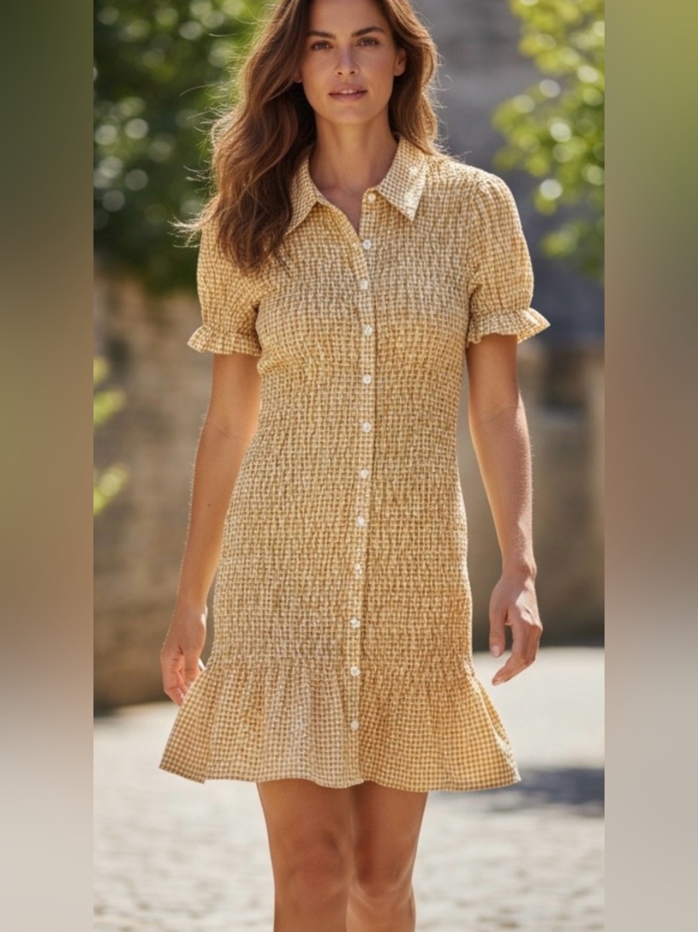 Nwt Zara Gingham Frill Dress Mustard Yellow White Smocked Button Front Mini Sz S